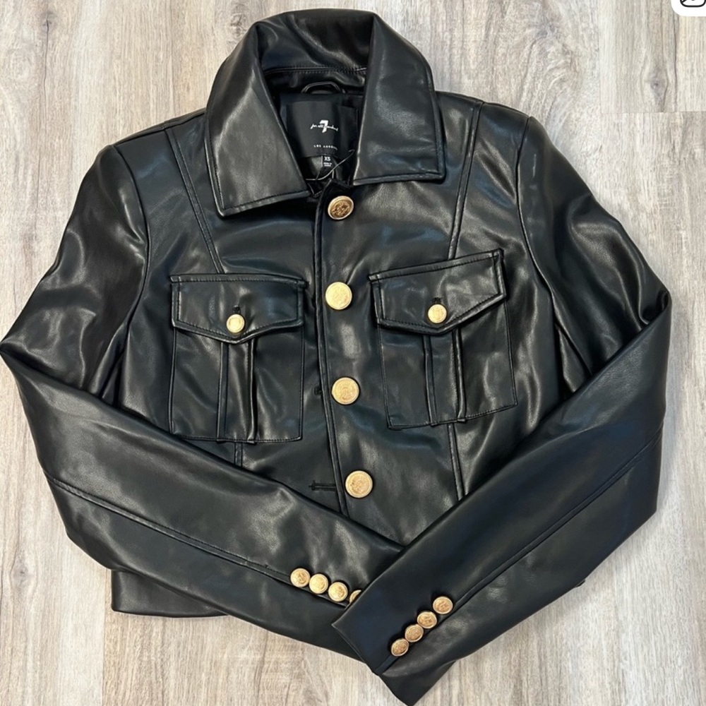NWOT 7 For All Mankind Faux Leather Cropped Jacket with Gold Buttons - Picture 2 of 4